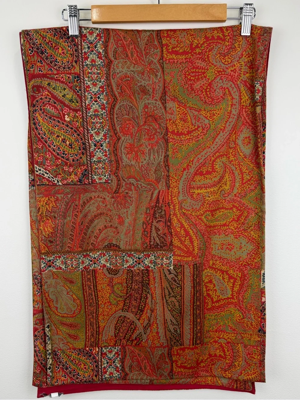 Vibrant Paisley Patchwork Scarf - Red & Olive